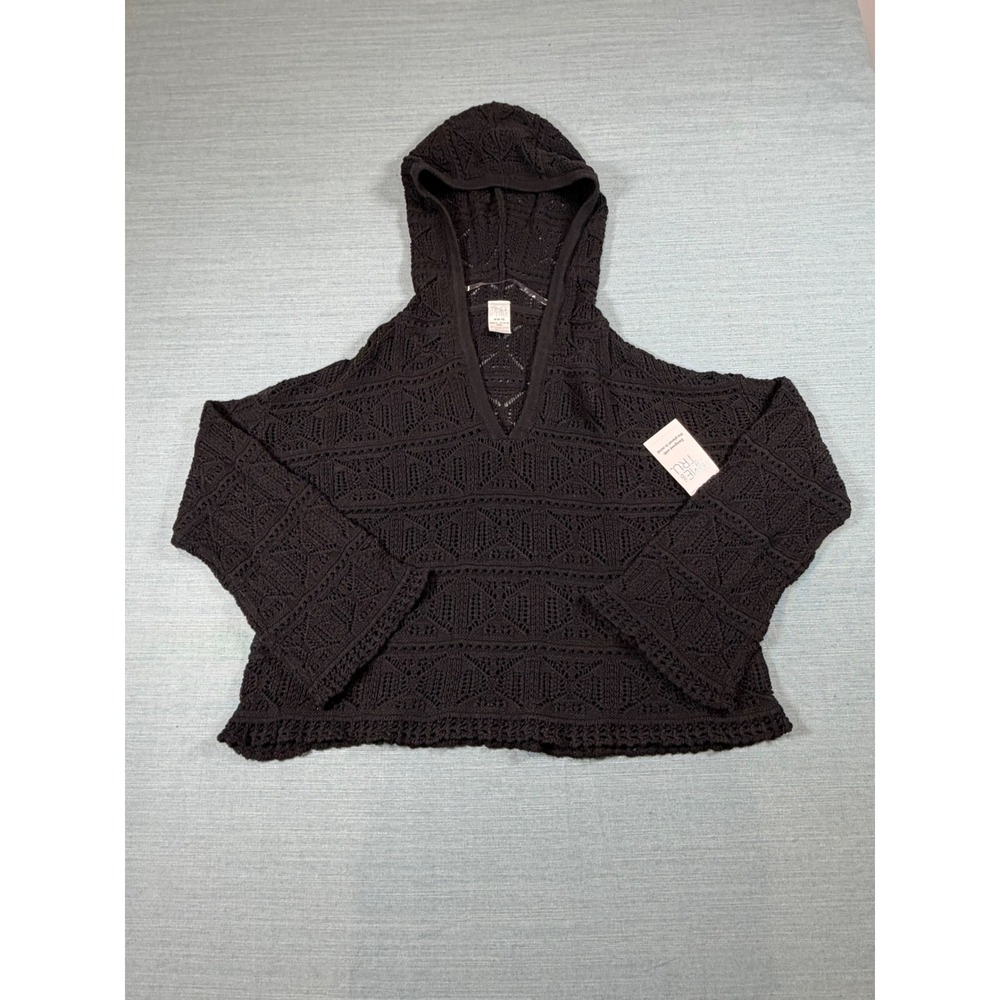 Time and Tru Black Crochet Knit Hoodie Coverup Women Medium 8-10 NWT Cotton